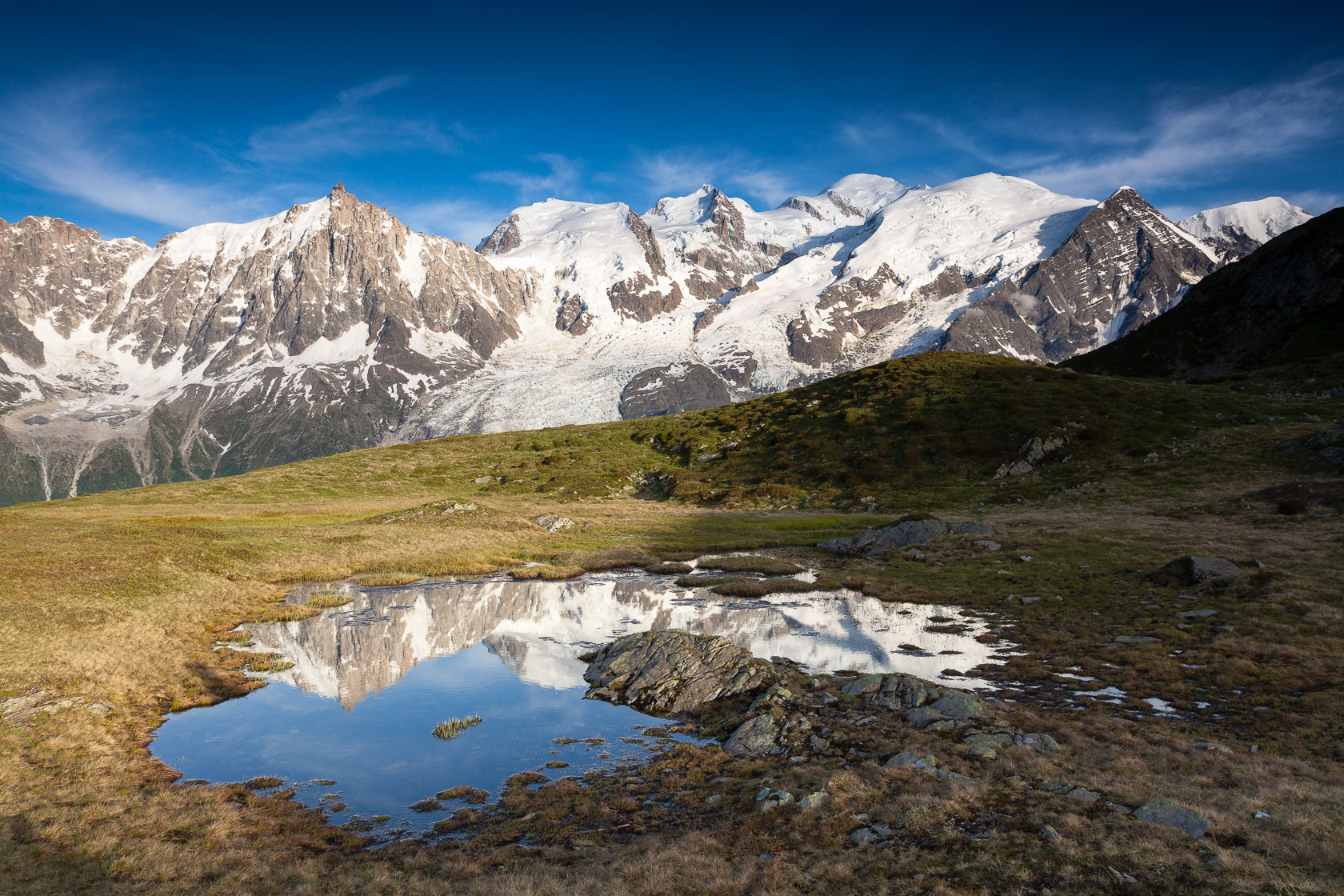 Massif du Mont Blanc depuis le plateau de Carlaveyron durant un stage photo de montagne